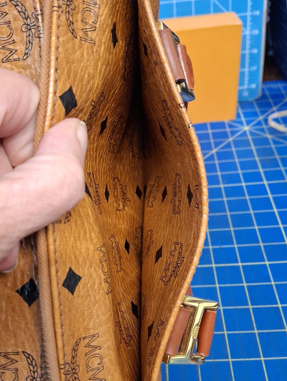 MCM Cognac Visetos Monogram Satchel Gold Hardware Removable Adj Strap Preloved - Picture 4 of 16